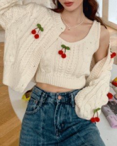 레드 후르츠 뜨개 나시 가디건 세투