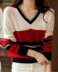 국내상품 / 데미안 레드배색 브이넥 니트
