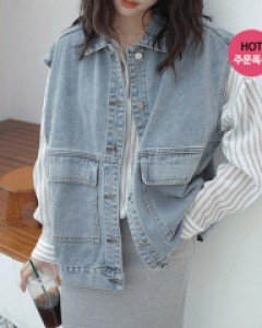 아바 빅포켓 오버핏 청 데님 조끼 자켓