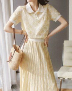 크루스 레몬 카라니트 플리츠 롱스커트 코디세트