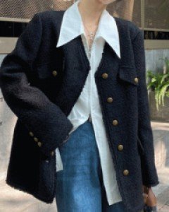 무료배송 / 크리덴 노카라 블랙 트위드 자켓