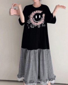 렐리나 체크밑단 박시 롱원피스