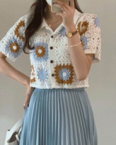 엠마 빈티지 뜨개 반팔 가디건 탑