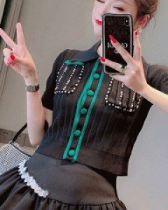 브리아나 그린버튼 반팔 가디건