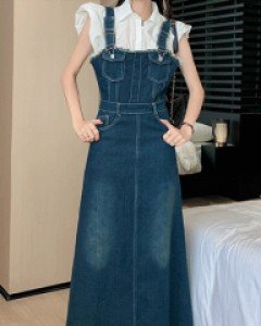 르누아 멜빵 데님 롱스커트