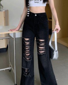 리리아 해짐 데미지 데님 와이드 팬츠