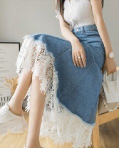 제르니 레이스 데님 롱스커트