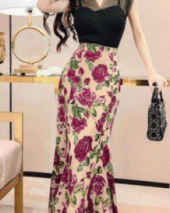 와인로즈 플로랄 머메이드 롱 스커트