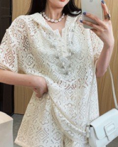 Set - 고퀄 디에노 펀칭 자수 레이스 후드 트레이닝 세트