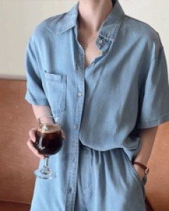 Set - 제러스 스카이블루 셔츠와 반바지 투피스 세트