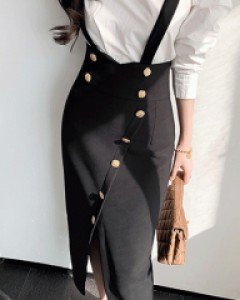 레오나 슬릿 더블버튼 서스펜더 스커트