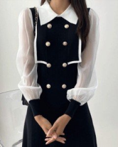 라니에 더블버튼 시스루 소매 오피스 원피스