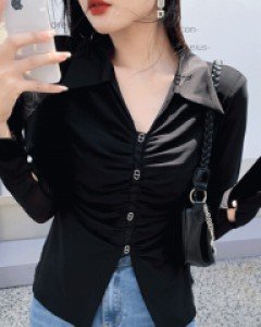 데리크 셔링 매쉬 카라 블라우스