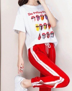 Set - 폴링스톤 티셔츠 레드 소세지팬츠 트레이닝 세트