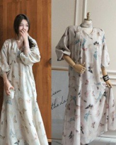 마디에 은은한 수채화 플레어 루즈핏 롱원피스