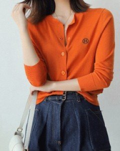 헤더 심플 오렌지 니트 가디건