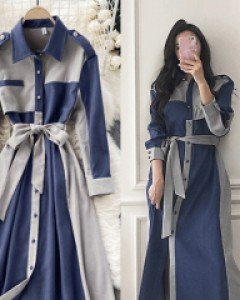 안첼로 블루배색 롱 트렌치 원피스