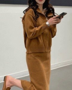 Set - 루제드 보들보들 후드 니트 집업 스커트 세트