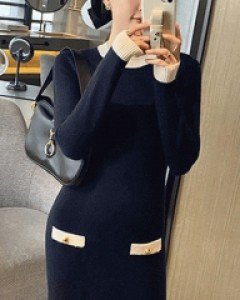 엘바오 배색 버튼 니트 원피스