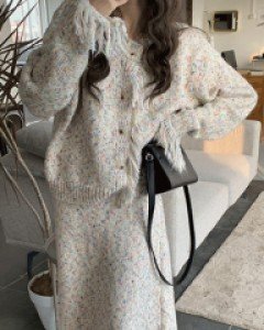 Set - 에이프 팝콘 니트 롱스커트 투피스 세트