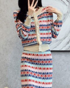 Set - 파라오기하학패턴 니트 가디건 스커트 투피스 세트