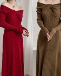 아르보 꼬임장식 페미닌 골지 롱 니트 원피스