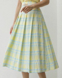 옐로우 체크 핀턱 미디 플레어 스커트