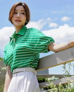 상큼상큼 캔디컬러 스트라이프 새틴 카라 감각적인 벌룬소매 티셔츠