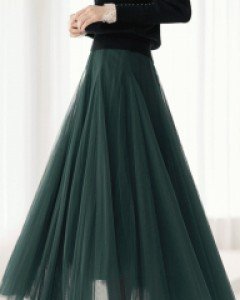 우아함 업그레이드 풍성한 샤 레이스 허리밴딩 롱 플레어 스커트