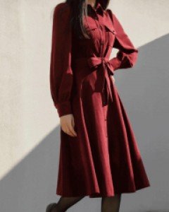 [루이스엔젤] 기모 잔골지 셔츠카라넥 벨티드 플레어 원피스