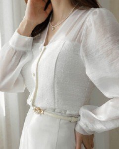 트위드 배색 시스루 슬립 볼륨 블라우스