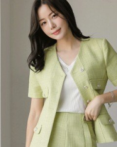 실버 버튼 린넨 라이크 노카라 반팔 자켓