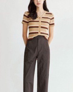 [루이스엔젤] 초코브라운 사선 포켓 롤업스티치 세미 와이드 팬츠