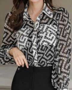 데이레터링 패턴 배색 퍼프 셔츠 블라우스