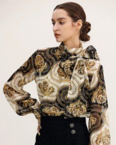 [Theonme] 레먼로 엔틱 로즈 자카드 쉬폰 타이 블라우스