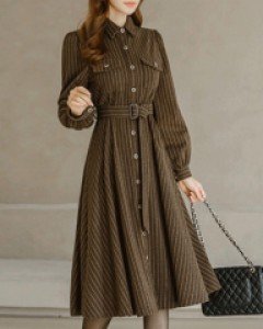 [루이스엔젤] 리즈 스페너 울 블렌드 모직 스트라이프 플레어 원피스