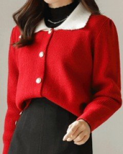 엘루아 카라 배색 골드버튼 니트 가디건