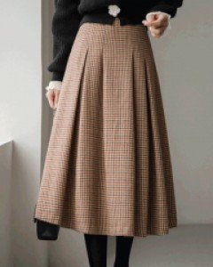 [루이스엔젤] 로베나 레드하모니 울 블렌드 하운드체크 A라인 플리츠 스커트