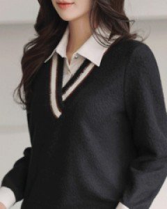 [루이스엔젤] 네이블 V 니트 레이어드 배색 셔츠