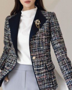 [루이스엔젤] 오마드 오픈카라 슬림라인 배색 트위드 자켓
