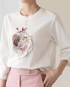 [루이스엔젤] 다포드 플라워 큐빅진주 플리츠 7부 티셔츠