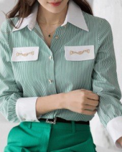 [루이스엔젤] 드벨 체인 포켓 스트라이프 셔츠 블라우스