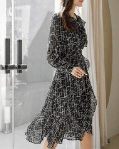 [루이스엔젤] 블로트 크로스 코드 랩 디자인 프릴 쉬폰 드레스