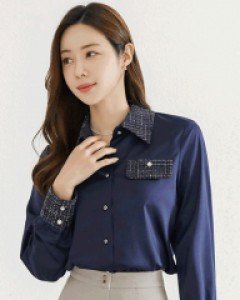 [루이스엔젤] 프렌치시크 트위드 배색 진주 버튼 새틴 블라우스(한정수량)