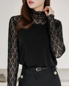 미에트 시스루 레이스 배색 반하이넥 텐션 폴라 블라우스 티