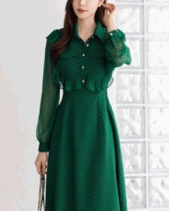 [루이스엔젤] 엘가로 에스닉 앵글 패턴 백스모킹 쉬폰 플레어 원피스