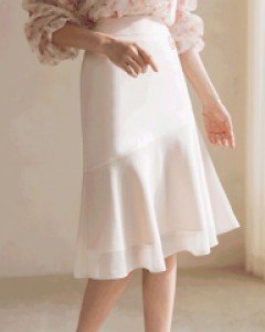 브롤리 밑단 이중 쉬폰 배색 플레어 미디 스커트