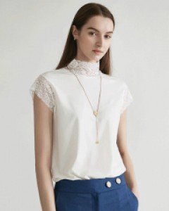 [Theonme] 이렌션 레이스 배색 캡소매 반하이넥 블라우스 티