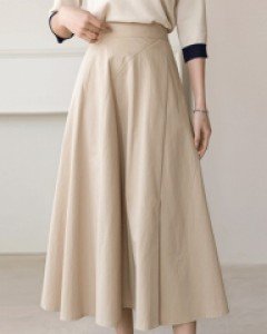 사선 절개 트임 백밴딩 롱 플레어 스커트