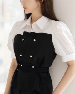 [루이스엔젤] 디하프 뷔스티에 배색 벨티드 블라우스